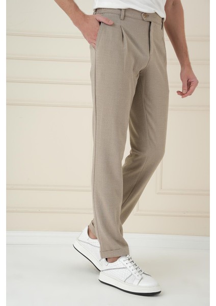 Comfort Fit Gofre Dokulu Beli Lastikli Pileli Bej Jogger Pantolon P 1174 modelleri