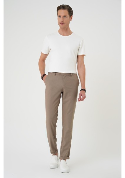 Comfort Fit Beli Lastikli Dokulu Koyu Bej Jogger Pantolon P 1186