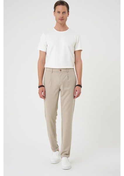 Comfort Fit Beli Lastikli Pileli Bej Jogger Pantolon P 1182