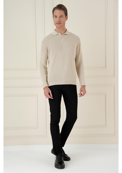 Fitilli Dokuma Düğmeli Polo Yaka Bej Triko Kazak Tr 887