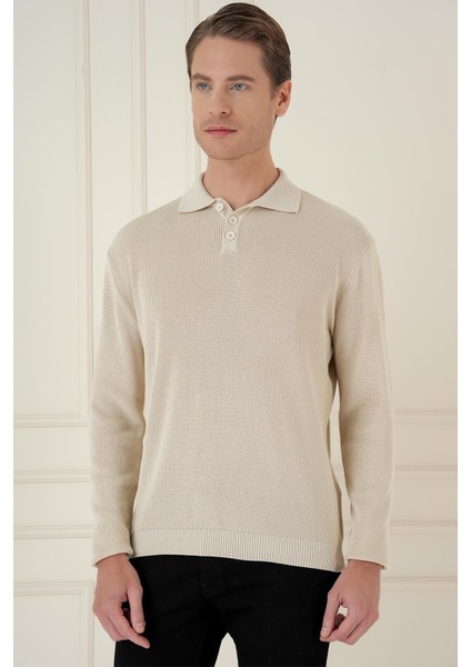 Fitilli Dokuma Düğmeli Polo Yaka Bej Triko Kazak Tr 887 fiyatları