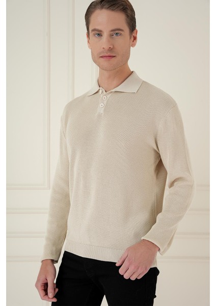 Fitilli Dokuma Düğmeli Polo Yaka Bej Triko Kazak Tr 887 modelleri