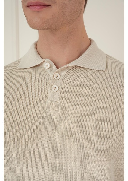 Fitilli Dokuma Düğmeli Polo Yaka Bej Triko Kazak Tr 887 fırsatları