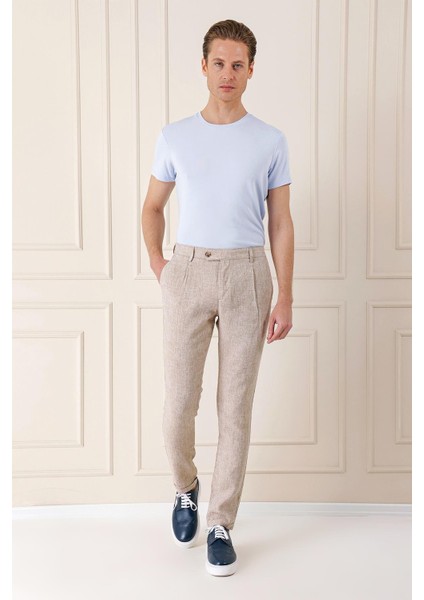 Comfort Fit Beli Lastikli Pileli Keten Casuel Bej Pantolon P 1145