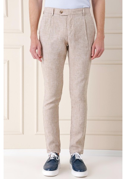 Comfort Fit Beli Lastikli Pileli Keten Casuel Bej Pantolon P 1145 fiyatları