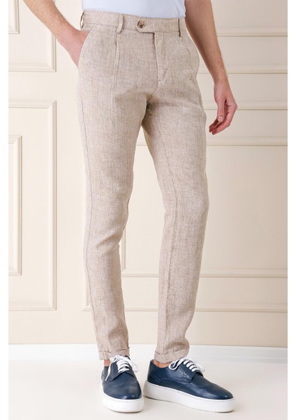 Comfort Fit Beli Lastikli Pileli Keten Casuel Bej Pantolon P 1145 modelleri