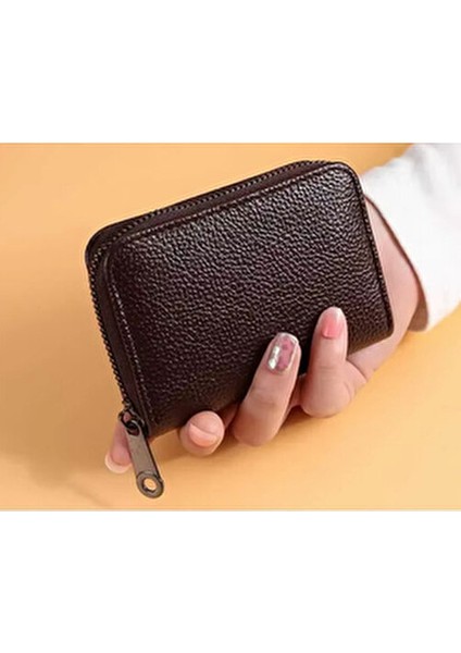 Unisex 20 Bölmeli Siyah Fermuarlı Kahverengi Deri Kredi Kartlık fiyatları