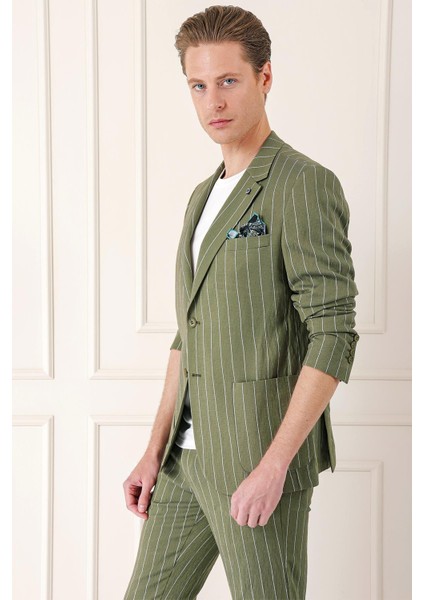 Comfort Fit Çift Yırtmaç İtalyan Çizgili Keten Casual Haki Ceket C 671 fırsatları