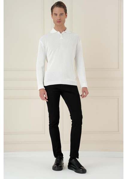 Fitilli Dokuma Düğmeli Polo Yaka Ekru Triko Kazak Tr 887