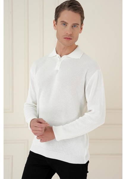Fitilli Dokuma Düğmeli Polo Yaka Ekru Triko Kazak Tr 887 modelleri