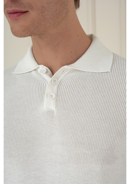 Fitilli Dokuma Düğmeli Polo Yaka Ekru Triko Kazak Tr 887 fırsatları