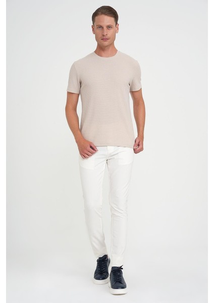 Slim Fit Yan Cepli Esnek Düz Beyaz Pamuk Pantolon P 1197