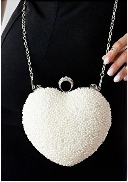 Kadın Abiye Kalpli Taşlı Abiye Çantası