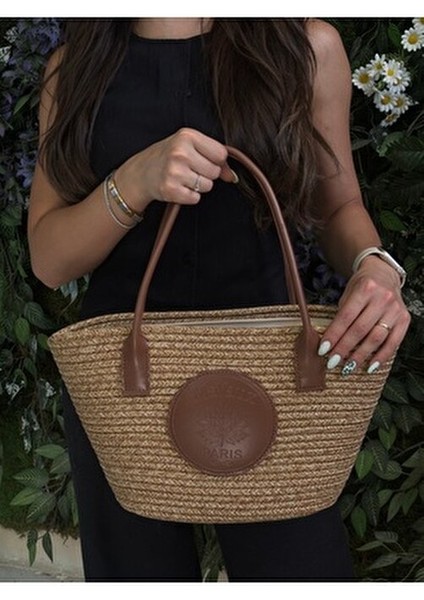 Paris Hasır Deri Detaylı Plaj Çantası Yaz Koleksiyonu Şık Tasarım Kadınlar İçin indirimleri