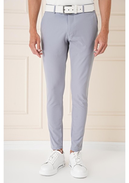 Slim Fit Yan Cepli Düz Esnek Casual Gri Mavi Pantolon P 1144