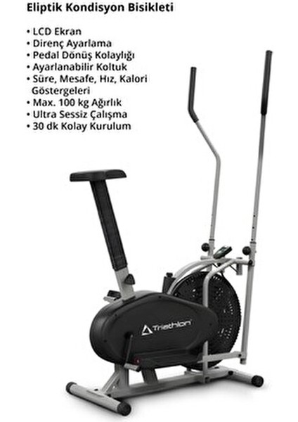 T-224 Eliptik Kondisyon Bisikleti 100 kg Taşıma Kapasitesi LCD Gösterge Ayarlanabilir Sele