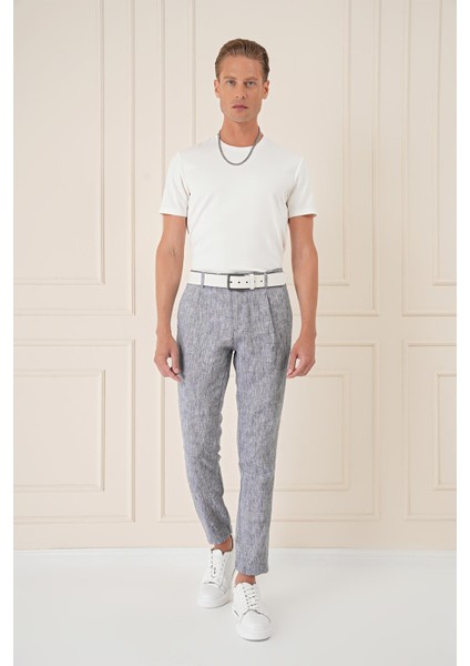 Comfort Fit Beli Lastikli Pileli Keten Casuel Lacivert Pantolon P 1145