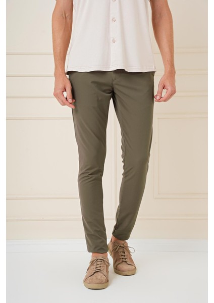 Slim Fit Yan Cepli Düz Esnek Casual Haki Pantolon P 1144