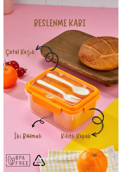 Iki Hazneli Çatal-Kaşık Bölmeli Kilitli Kapak Beslenme Kabı ve Yemek Saklama Kutusu -Turuncu