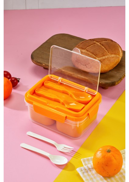 Iki Hazneli Çatal-Kaşık Bölmeli Kilitli Kapak Beslenme Kabı ve Yemek Saklama Kutusu -Turuncu fiyatları