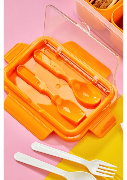 Iki Hazneli Çatal-Kaşık Bölmeli Kilitli Kapak Beslenme Kabı ve Yemek Saklama Kutusu -Turuncu modelleri