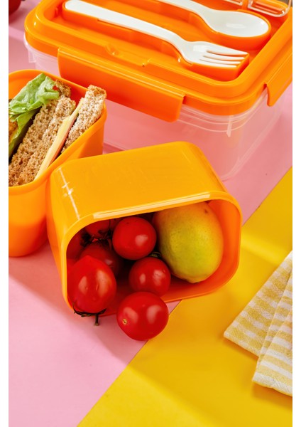 Iki Hazneli Çatal-Kaşık Bölmeli Kilitli Kapak Beslenme Kabı ve Yemek Saklama Kutusu -Turuncu fırsatları