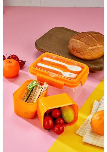 Iki Hazneli Çatal-Kaşık Bölmeli Kilitli Kapak Beslenme Kabı ve Yemek Saklama Kutusu -Turuncu indirimleri