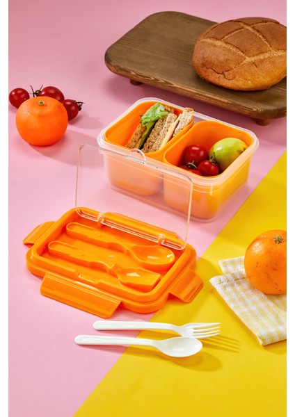 Iki Hazneli Çatal-Kaşık Bölmeli Kilitli Kapak Beslenme Kabı ve Yemek Saklama Kutusu -Turuncu