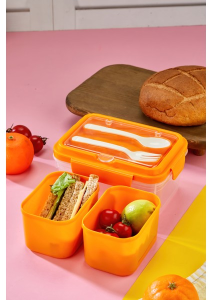 Iki Hazneli Çatal-Kaşık Bölmeli Kilitli Kapak Beslenme Kabı ve Yemek Saklama Kutusu -Turuncu
