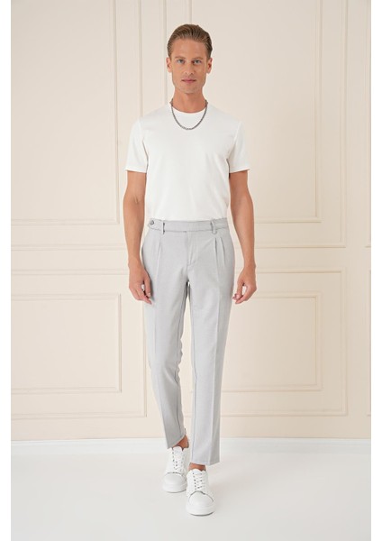 Comfort Fit Çift Pileli Dokulu Esnek Pamuk Gri Mavi Pantolon P 1158