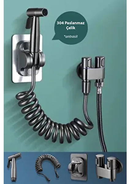 Banyo Bide Basınçlı Püskürtücü Taharet Musluğu Klozet Hortumu Antrasit