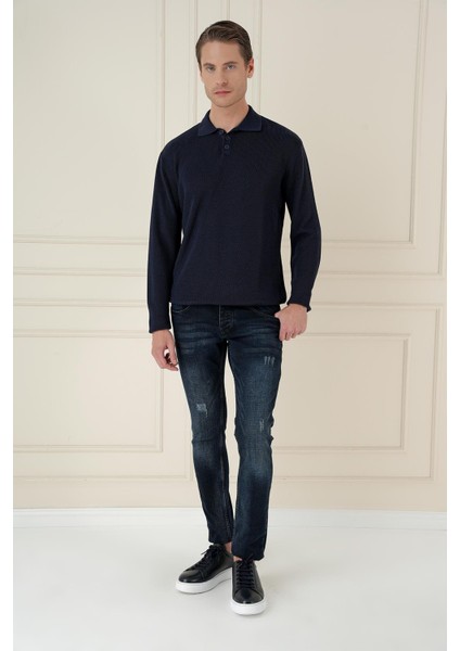 Fitilli Dokuma Düğmeli Polo Yaka Lacivert Triko Kazak Tr 887