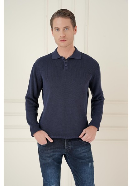 Fitilli Dokuma Düğmeli Polo Yaka Lacivert Triko Kazak Tr 887 modelleri