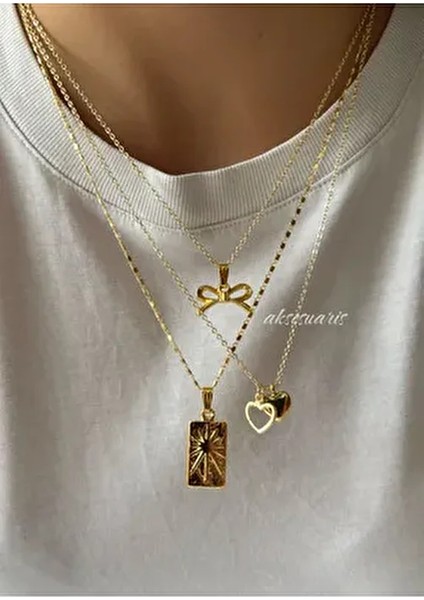 Özel Tasarım 3'lü Kadın Kolye Kombin Gold Charm Sarı Maden ile Şık ve Zarif