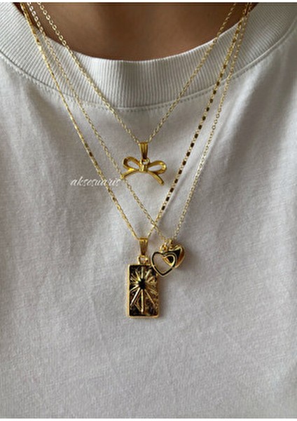 Özel Tasarım 3'lü Kadın Kolye Kombin Gold Charm Sarı Maden ile Şık ve Zarif modelleri