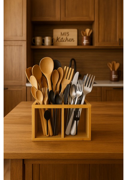 Tezgah Üstü Bambu Kașıklık 2 Bölmeli - Tezgah Üstü Organizer, Dekoratif Organizer