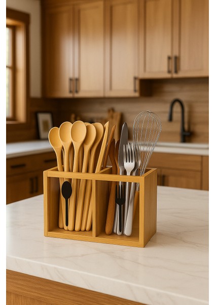 Tezgah Üstü Bambu Kașıklık 2 Bölmeli - Tezgah Üstü Organizer, Dekoratif Organizer modelleri