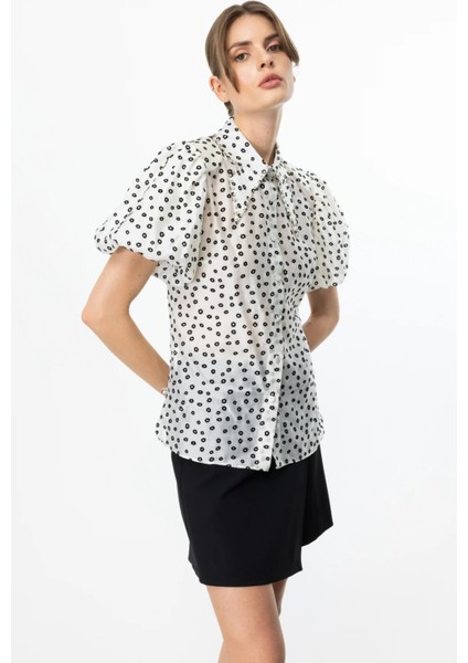 Balon Kol Çiçek Baskılı Bluz Ekru 03066