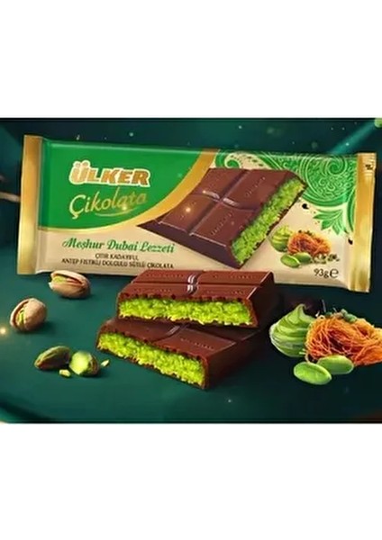 Kadayıflı Bol Antep Fıstıklı Çikolata Kaplamalı Dubai 93 Gram x 3 Adet (Toplam 279 Gram)