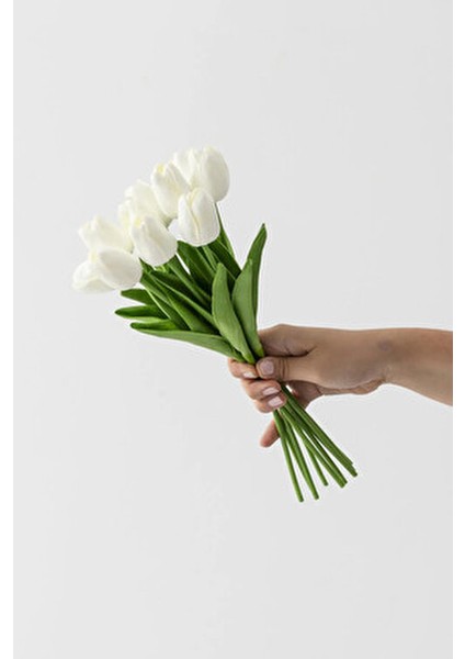 Yapay 12'li Islak Lale Buketi Gerçeksi Doku Beyaz
