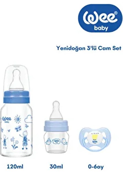 Yenidoğan Cam 3'lü Hediye Seti Mini Cam Biberon, Isıya Dayanıklı Biberon , Kelebek Emzik Mavi