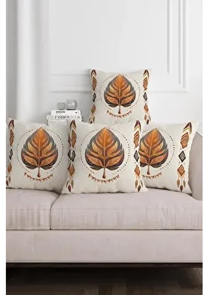 Etnik Bohem Yaprak Desen Bej Zemin Dijital Baskılı Dekoratif 4lü Kırlent Kılıfı Takım