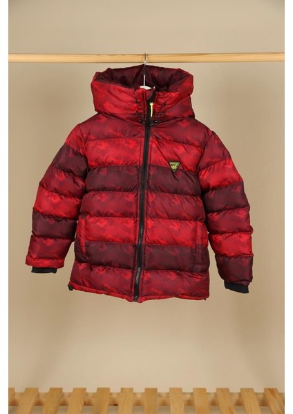 05-16 Yaş Erkek Çocuk Kırmızı Renk Kapşonlu Kamuflaj Mont