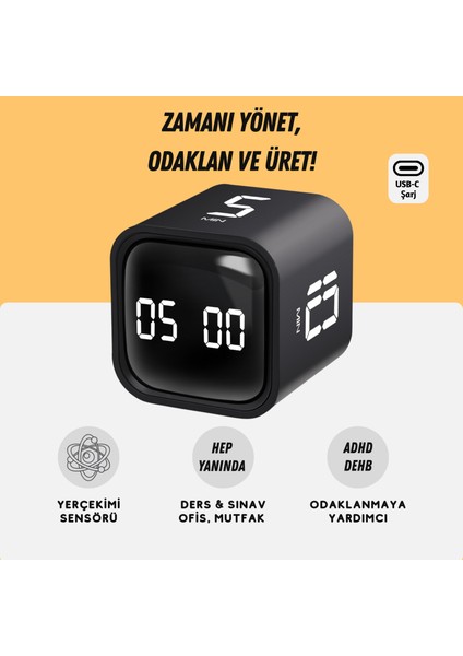 GT-1 Pomodoro Zamanlayıcı Küp | Flip Timer | Öğrenci Ders Çalışma Saati, Geri Sayım, Mutfak Kronometresi - Siyah