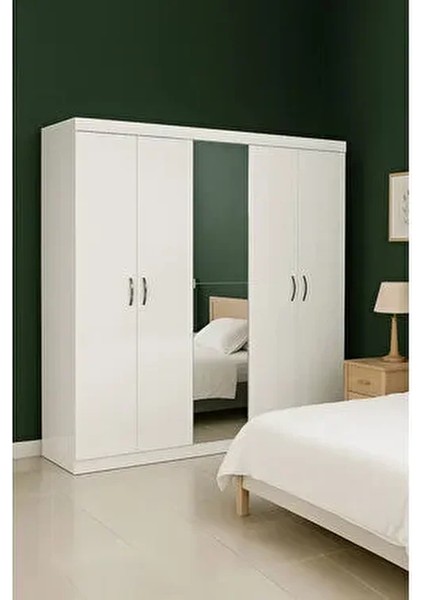 5 Kapaklı Aynalı Yatak Odası Lüx Gardırop, Sade Dolap, Kıyafet Dolabı, Beyaz Gardırop Dolap