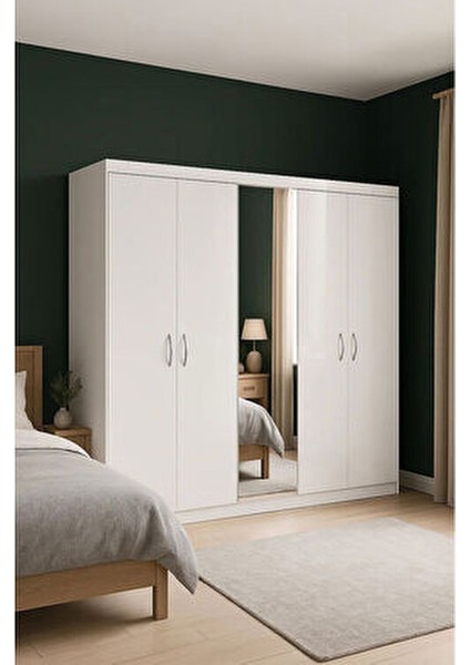 5 Kapaklı Aynalı Yatak Odası Lüx Gardırop, Sade Dolap, Kıyafet Dolabı, Beyaz Gardırop Dolap fırsatları