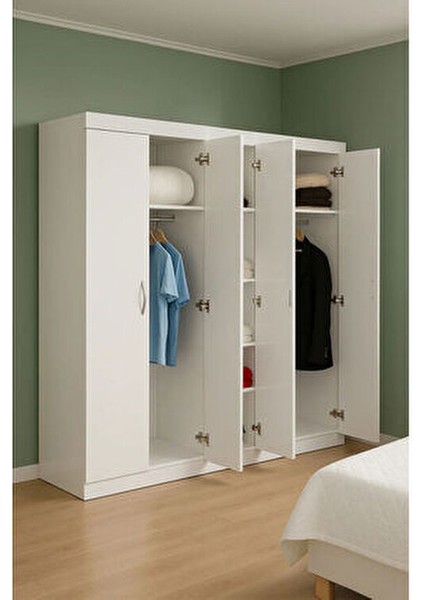 5 Kapaklı Aynalı Yatak Odası Lüx Gardırop, Sade Dolap, Kıyafet Dolabı, Beyaz Gardırop Dolap indirimleri