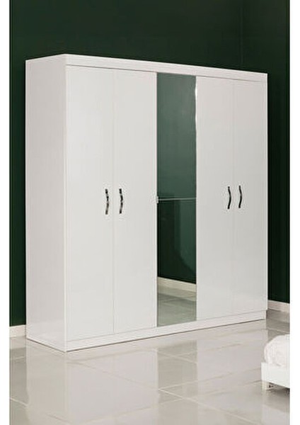 5 Kapaklı Aynalı Yatak Odası Lüx Gardırop, Sade Dolap, Kıyafet Dolabı, Beyaz Gardırop Dolap