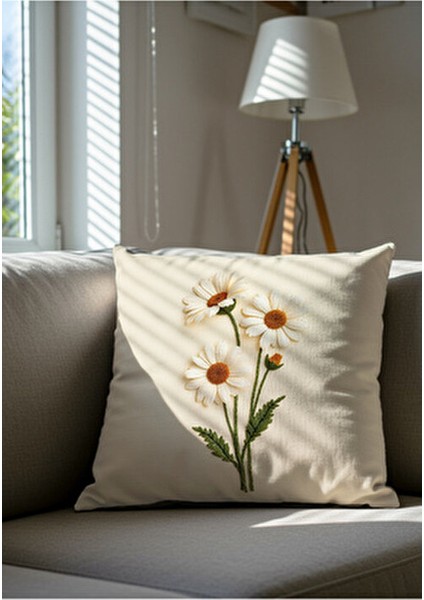 Punch Nakış Desen Dijital Baskılı Krem Zemin Beyaz Papatya Desenli 2li Kırlent Kılıfı fiyatları