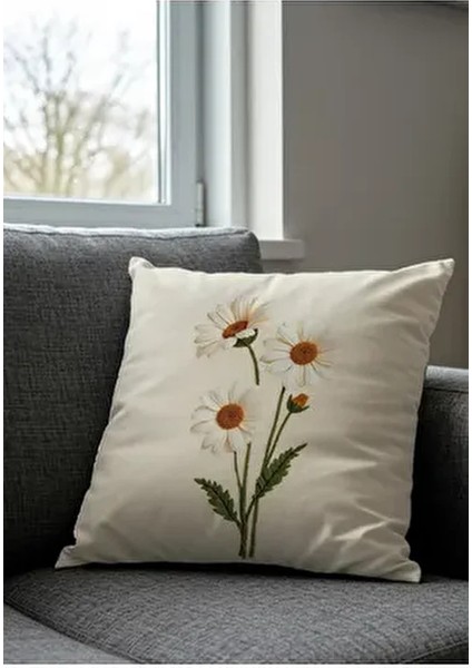 Punch Nakış Desen Dijital Baskılı Krem Zemin Beyaz Papatya Desenli 2li Kırlent Kılıfı modelleri